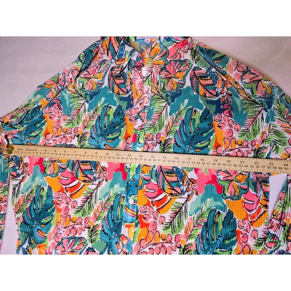 Jess Lea Tropical Floral Pleated Two Piece Set Shirt and Shorts Teal Pink Medium